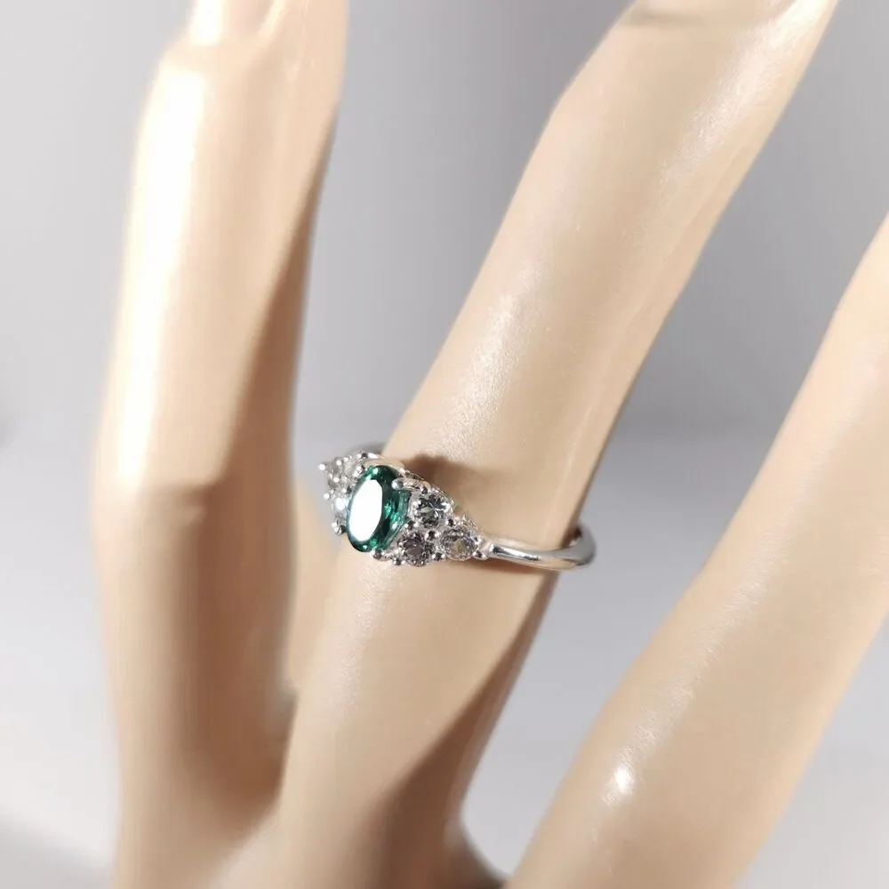 Emerald and White Topaz Ring Sterling Silver Size 7